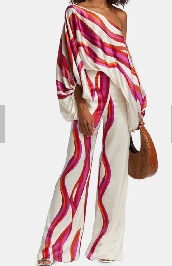 Pant Sets Two Piece Y2k Print Lantern Sleeve Satin Top Wide Leg Pant Suit Women Sexy Off Shoulder Long Sleevee Work Outfit 240809