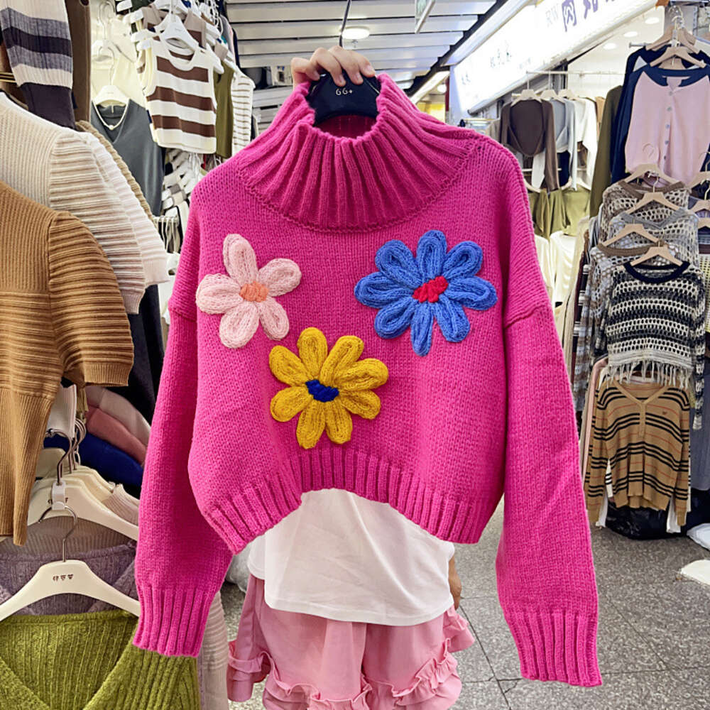 Fashion heavy industry splicing three-dimensional flower temperament high neck long sleeved sweater design sense loose short versatile top trendy dong