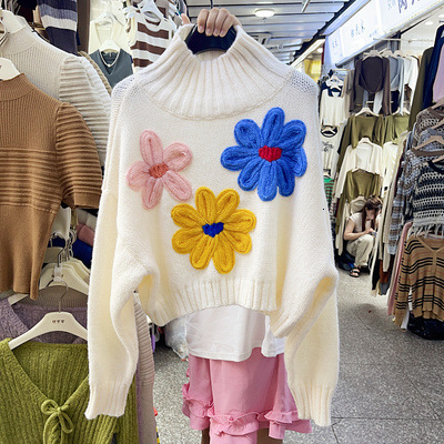 Fashion heavy industry splicing three-dimensional flower temperament high neck long sleeved sweater design sense loose short versatile top trendy dong