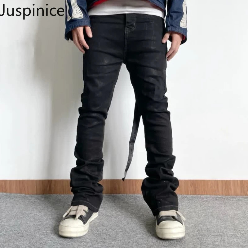 Spring Autumn Personalized Slim Jeans Mens Dark Black Casual High Street Niche Micro-flared Pants Men Trousers Male Clothes 240809