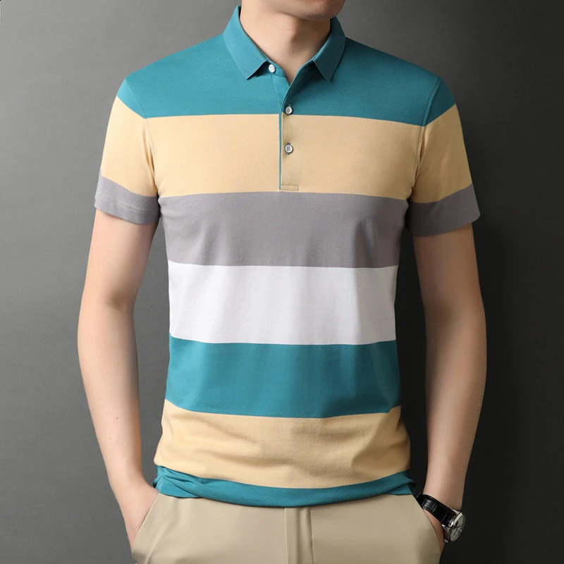 Mens Polo T Shirt Business Casual Simple Stripes Print Summer Short-Sleeve Polo Shirt Fashion Street Wear Oversized Clothes i240816