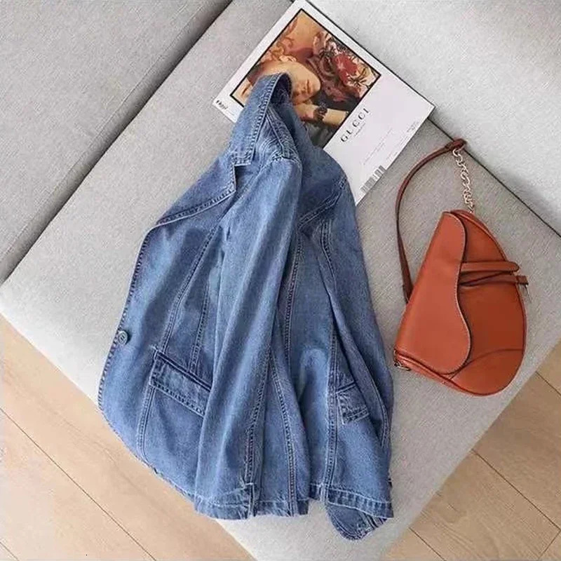 Vintage Suit Women Jeans Jacket Casual Tops Loose Short Denim Blazer Outwear Female Cowboy Basic Coat Spring Autumn 240808