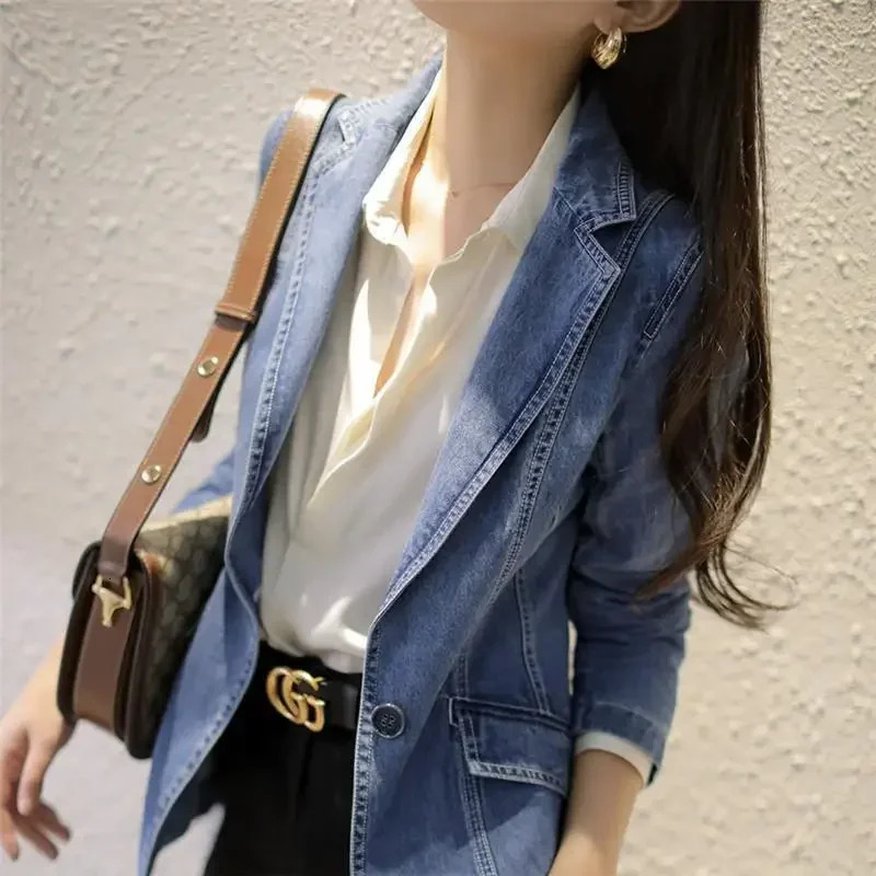 Vintage Suit Women Jeans Jacket Casual Tops Loose Short Denim Blazer Outwear Female Cowboy Basic Coat Spring Autumn 240808