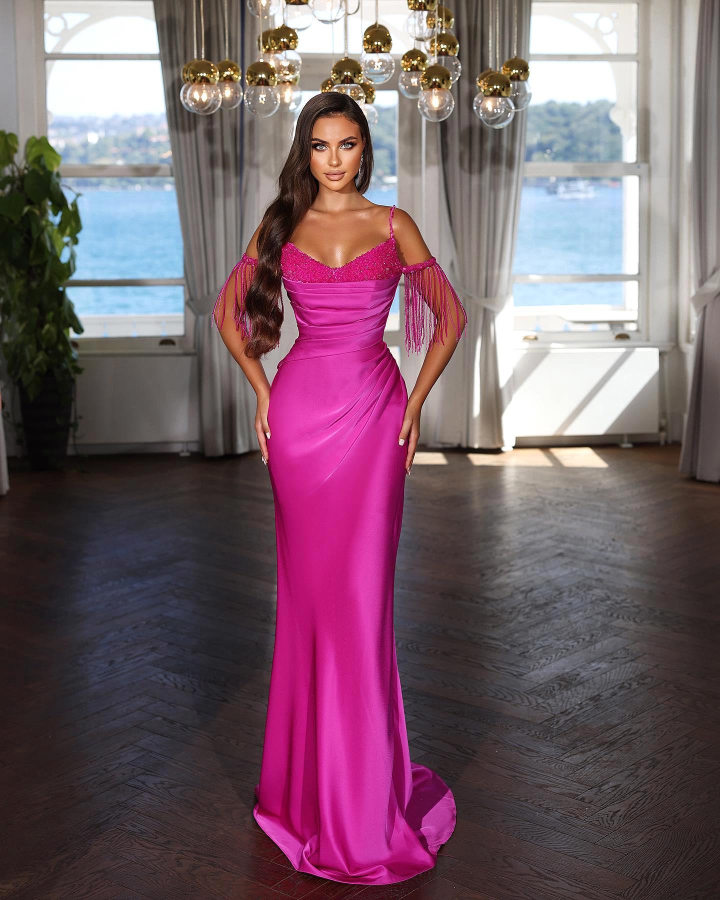 Gorgeous Satin Mermaid Evening Spaghetti Sleeveless Beaded Collar Ruched Special Ocn Dresses Bc19337 0220