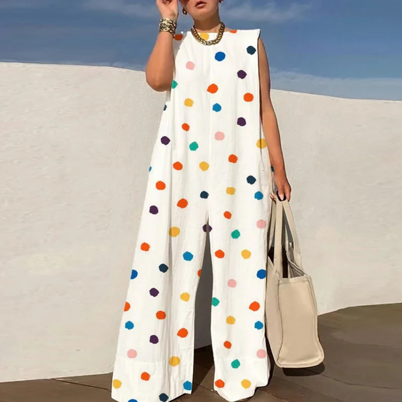 Commute Lady Sleeveless Oneck Party One Piece Romper Women Polka Dot Print Overall Chic Fashion Loose Long Jumpsuit 240808