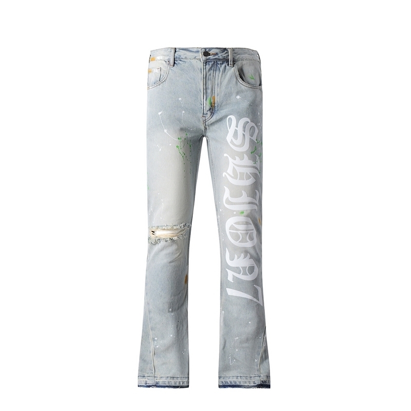 Trendy Men Ripped Jeans Letters Printed Slim Fit Stacked Denim Trousers Hand-painted Button Fly Cotton Flared Jeans 240808
