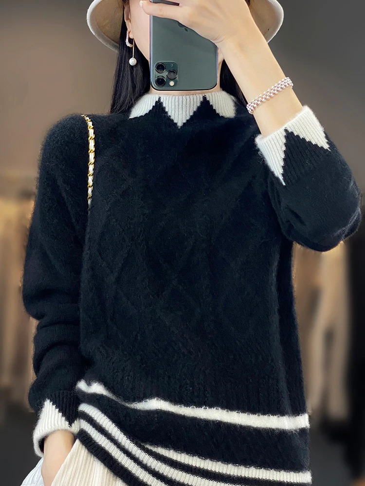 Autumn and Winter 100% Pure Woolen Sweater Womens Half Height Round Neck Contrast Diamond Sweater Loose Wool Knit Top 240812