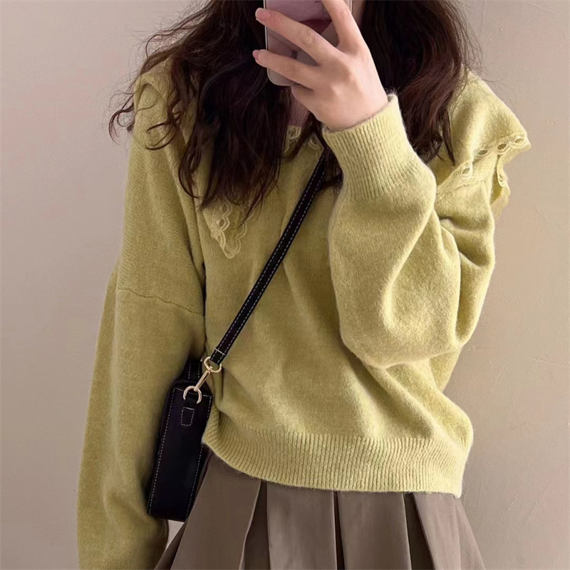 Sweet Baby Neck Soft Waxy Sweater Womens Outwear Autumn and Winter New Relaxed Lazy Style Solid Color Pullover Shirt Top