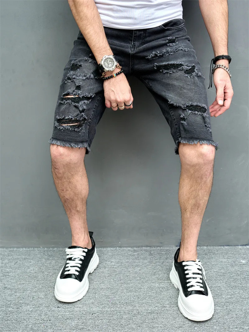 Mens summer short hole ultra-thin five point pants street fashion casual mens solid straight jeans beach denim shorts240808