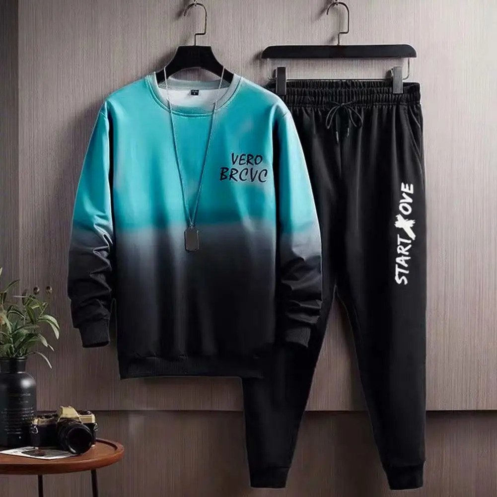 Men Casual Two-piece Suit Mens Gradient Contrast Color Tracksuit Set with Loose Fit Top Elastic Waist Pants for Hip Hop Sports 240813