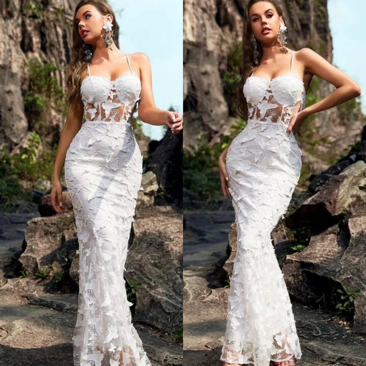 Sexy Mermaid Wedding Dresses Spaghetti Strap Sleeveless Bridal Gown Butterfly Appliques Backless Sweep Train Dress Custom Made