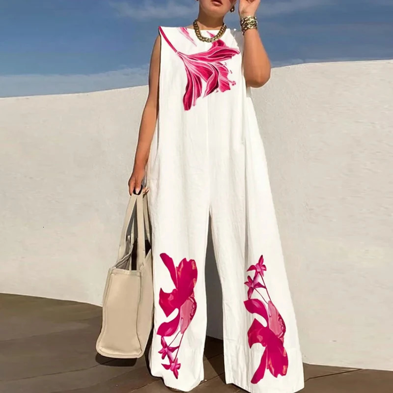 Commute Lady Sleeveless Oneck Party One Piece Romper Women Polka Dot Print Overall Chic Fashion Loose Long Jumpsuit 240808