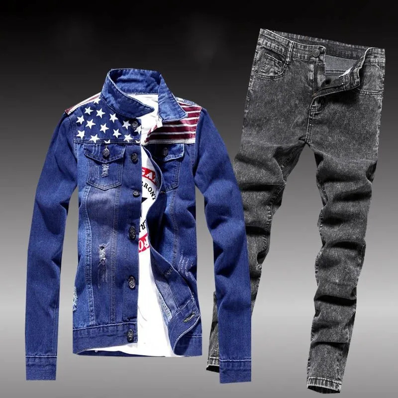 AutumnWinter Mens Jeans Set Trendy Denim Jacket Handsome Clothing Culture Morality 240808 - view 5