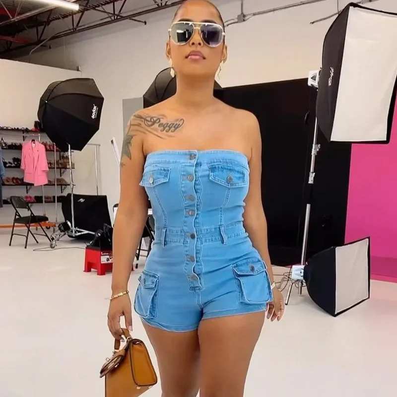 Sexy Tube Strapless Denim Romper Women Jumpsuit Singlebreasted Multi Pockets Party Club One Pieces Playsuit Combinaison Short 240808