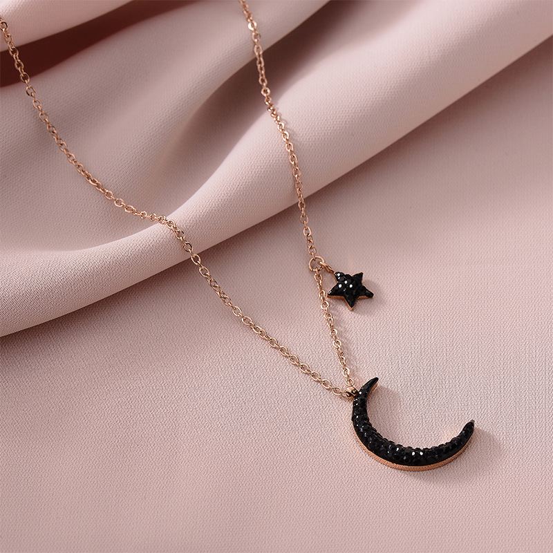 Chic Rose Gold-Plated Star and Moon Pendant with Sparkling Black Zircons - Perfect Girls' Accessory