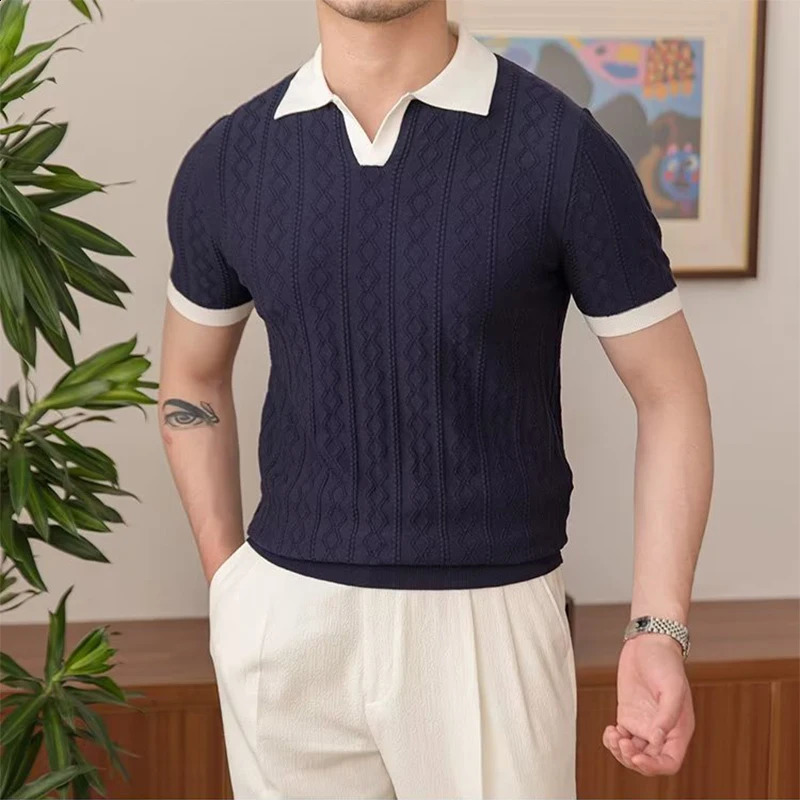 Summer Fashion Men Short Sleeve Slim Polo Shirt Vintage Patchwork Knitted Polos Men Clothing Male Casual V-Neck Lapel Pullover 240809