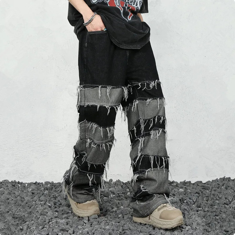 Ropa Grunge Y2K streetwear bag stacking jeans mens clothing patch work straight loose pants Pantalones Hombre 240809