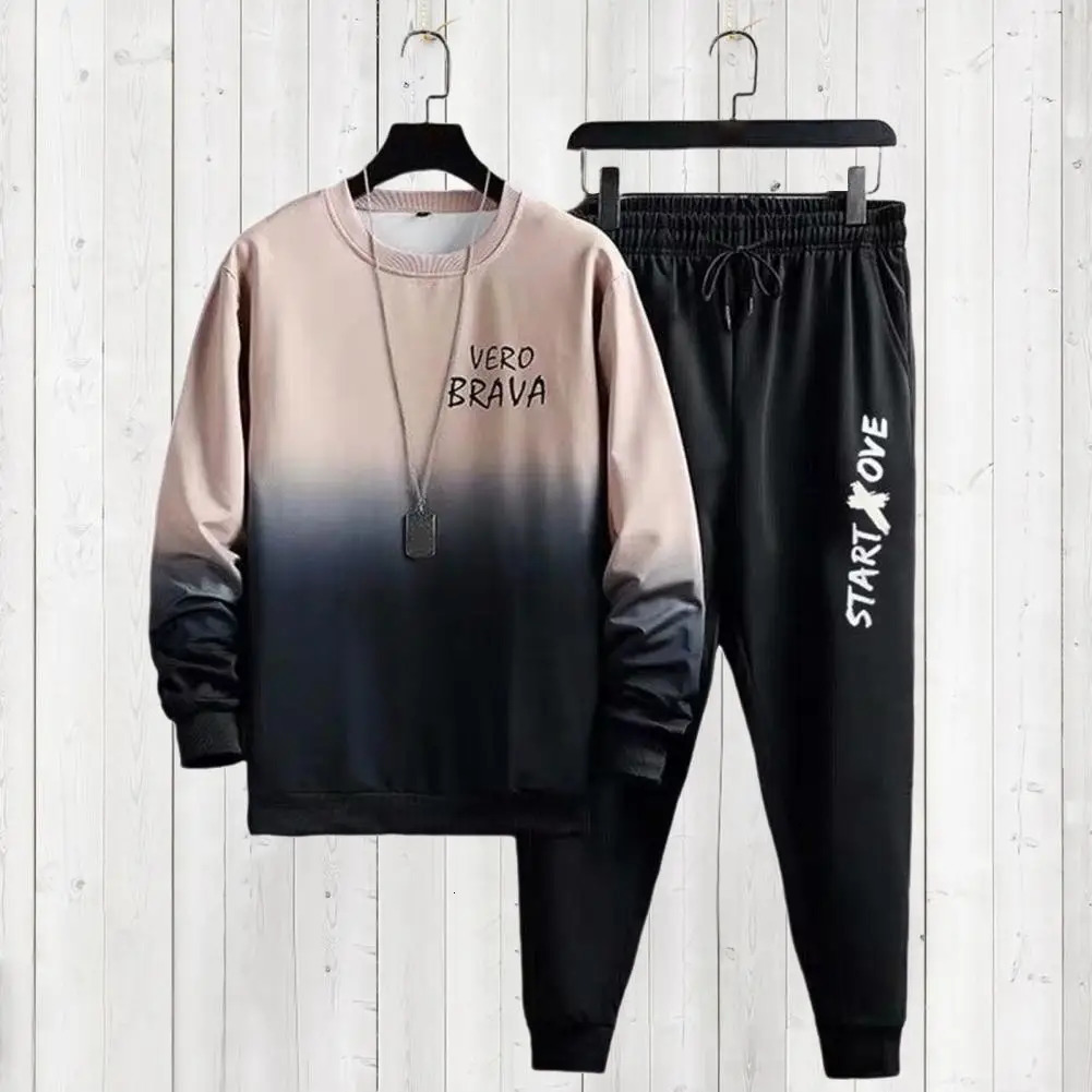 Men Casual Two-piece Suit Mens Gradient Contrast Color Tracksuit Set with Loose Fit Top Elastic Waist Pants for Hip Hop Sports 240813