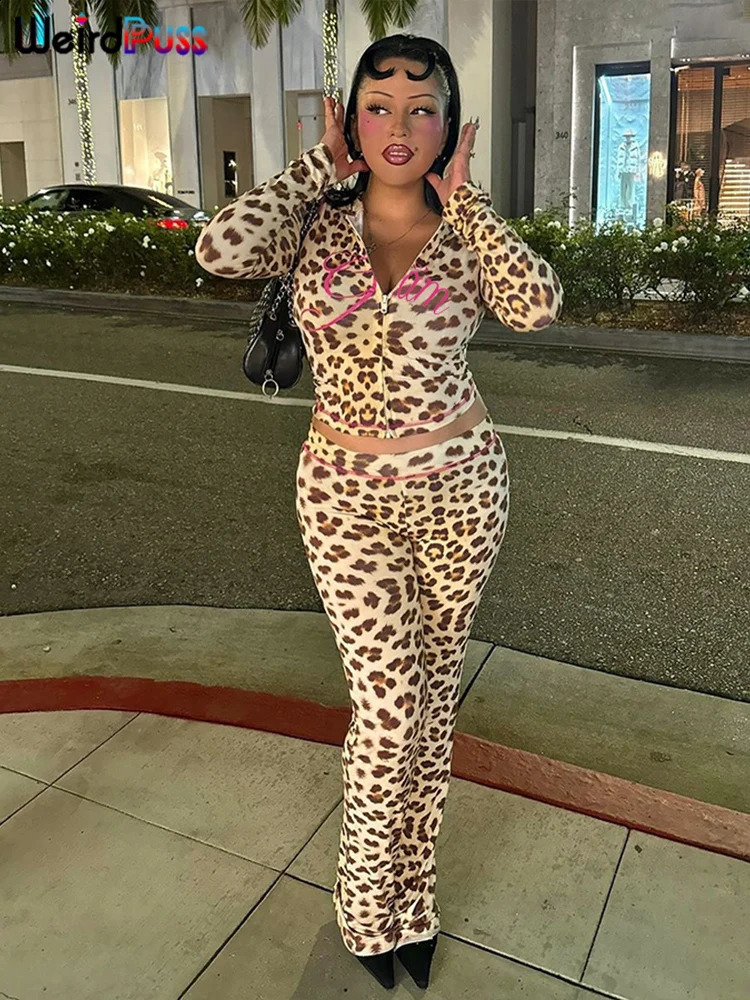 Weird Puss Leopard Letter Print 2 Piece Set Women Tracksuit Sporty Casual Hooded Crop JacketFlare Pants Stretch Matching Suits 240809