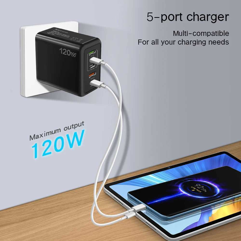 120w Charger 5 Port USB + PD Fast Charging Mobile Travel Adapter For iPhone Huawei Redmi Oneplus Samsung Realme CellphoneM240809