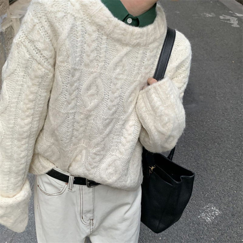 Orange Round Neck Pullover Short Sweater Womens Fried Dough Twists Winter Wear Loose Lazy Style Knitwear Women