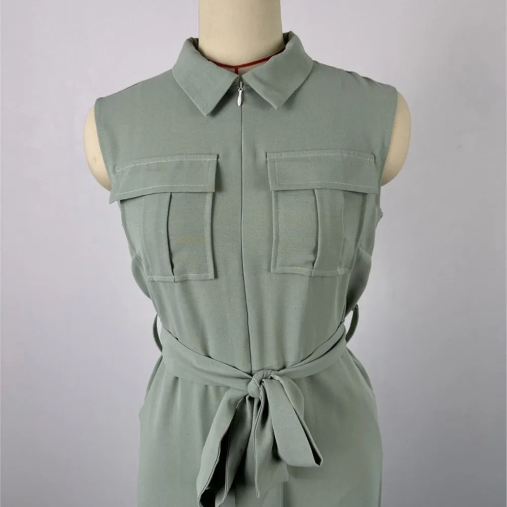 Spring Summer Sleeveless Wide Leg Jumpsuit Women Turndown Neck Pocket Front Zipper Fly Street One Piece Suit Playsuits