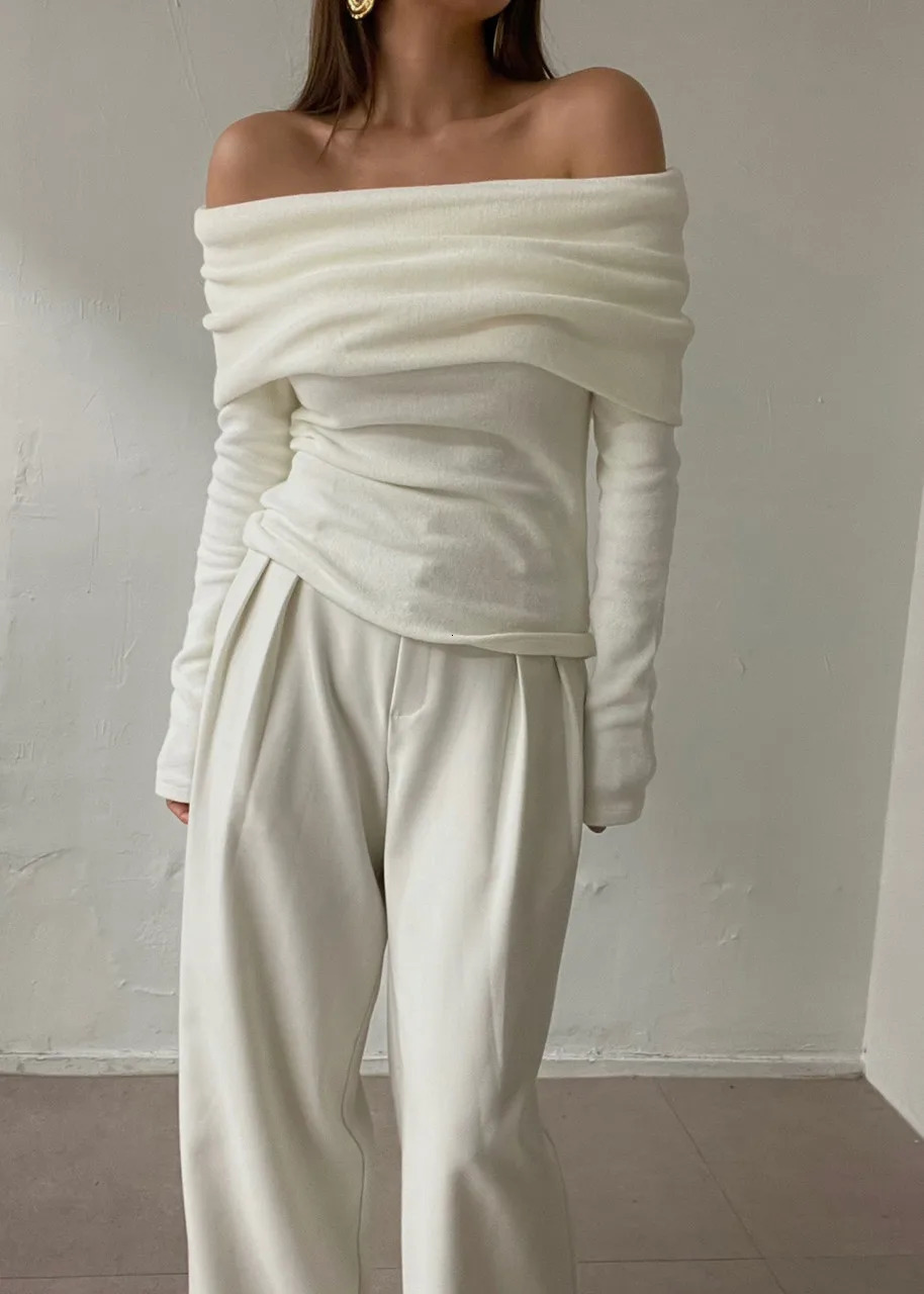 Off Shoulder Knit Top for Women Stretchy Cream White Long Sleeve Pullover Sweater Spring Ladies Elegant Outfit 240809