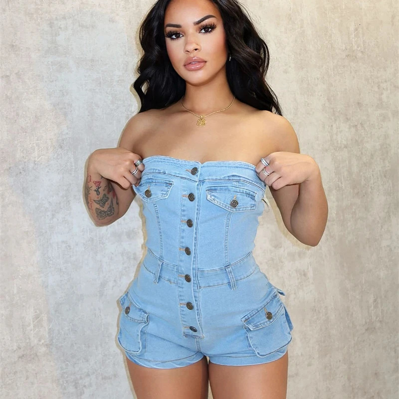 Sexy Tube Strapless Denim Romper Women Jumpsuit Singlebreasted Multi Pockets Party Club One Pieces Playsuit Combinaison Short 240808