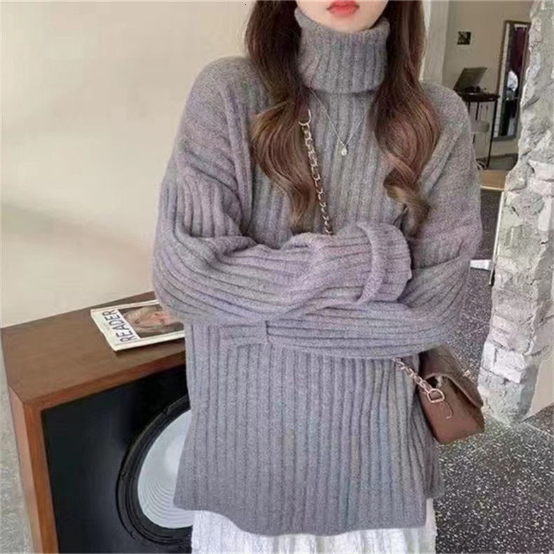 Solid color outerwear, high neck knitted sweater for women's autumn and winter new loose long sleeved base top dongdumaoyi