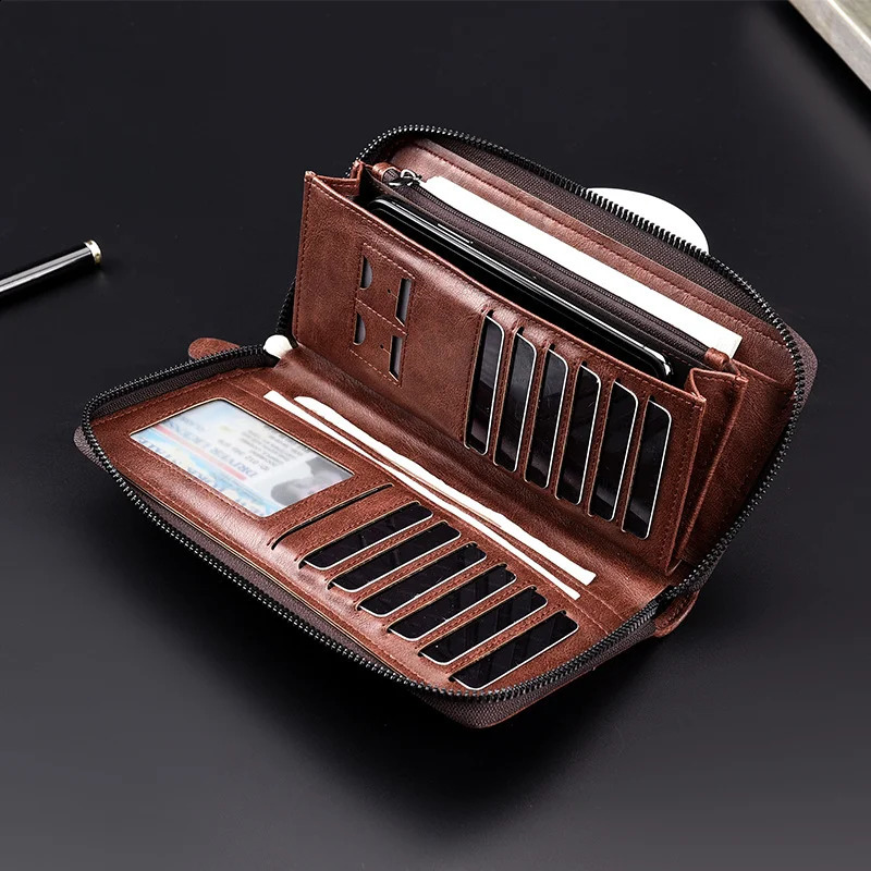 Mens Long Zipper Wallet High Quality Pu Leather Wallet for Men RFID Blocking Business Clutch Bag Credit Card Holder Purse Man 240809