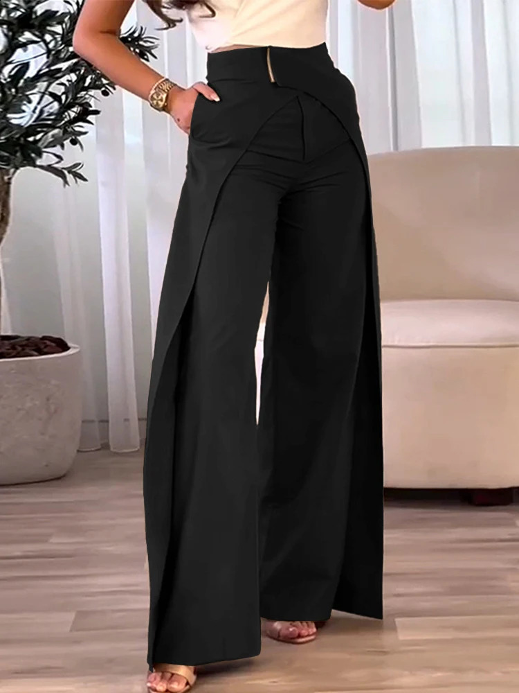 Womens Pants Fashion Womens Casual Bottom High Waist Overlap Asymmetrical Wide Leg Pants Elegant Solid Female Trouser 240809