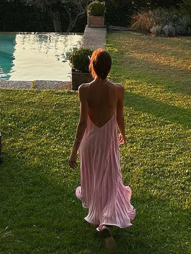 Chic Romantic Spaghetti Strap Long Dress For Women Elegant Sleeveless Backless Vestidoes Summer Fashion Beach Evening Robe 240812