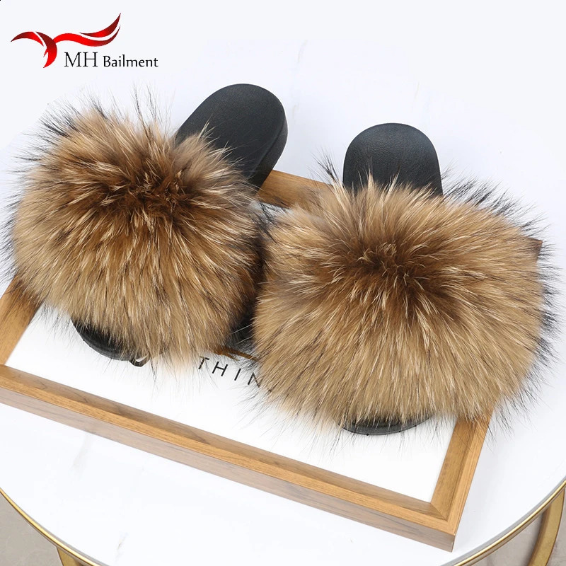 Real Raccoon Fur Slippers For Women Summer Fluffy Indoor House Fuzzy Flat Slides Outdoor Fashion Beach Sandals Flip Flops 240809