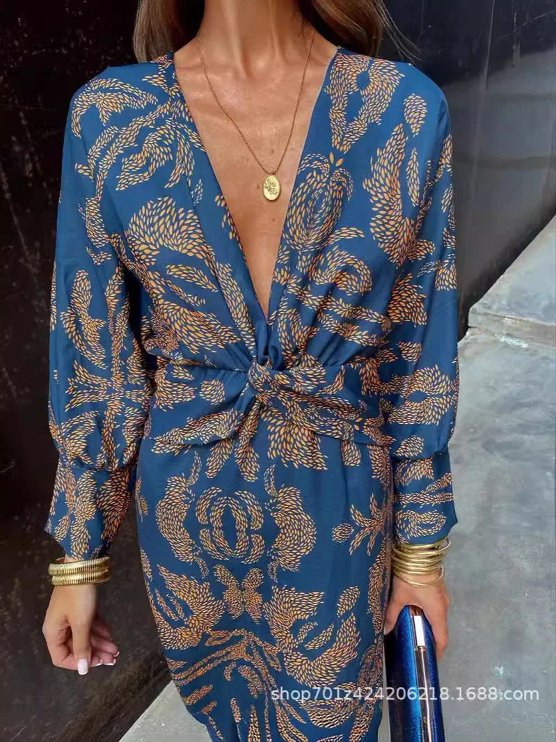 Spring Summer Fashion Printed Dress Women Elegant OL Retro Printed V-neck Long Sleeved Slim Dress Women 240807