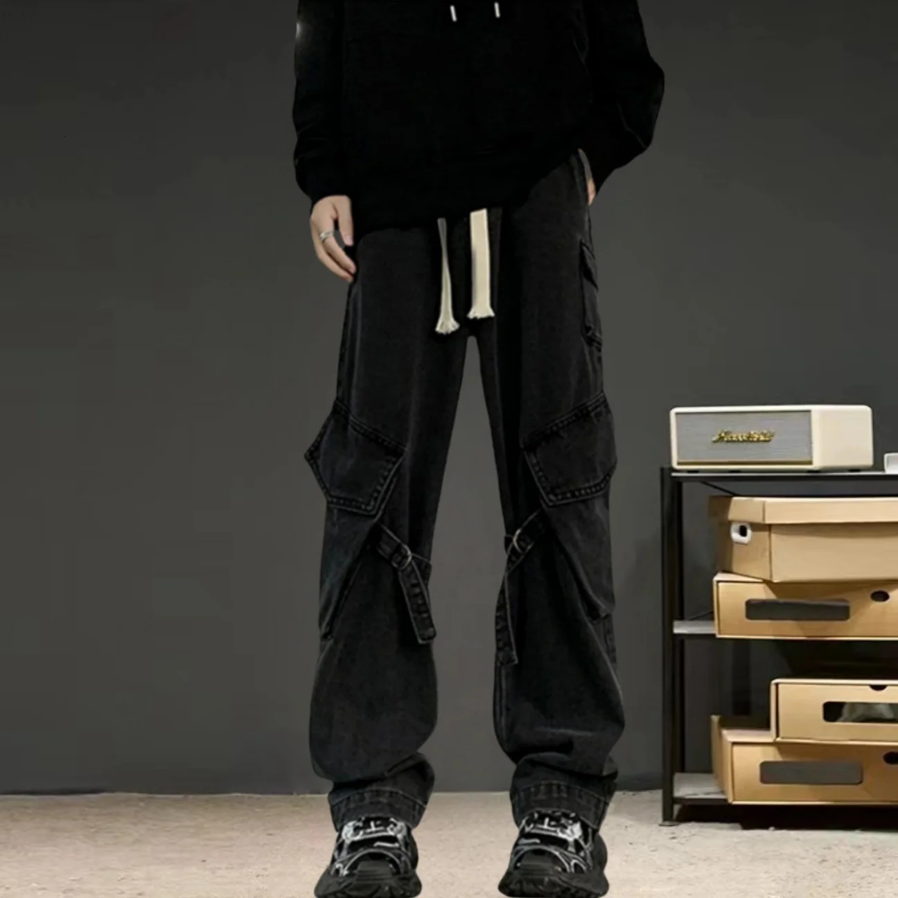Y2K American street hip-hop personalized workwear drawstring jeans for men and women summer trend loose casual pants 240814