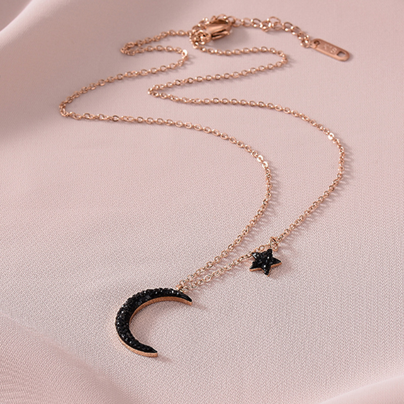 Chic Rose Gold-Plated Star and Moon Pendant with Sparkling Black Zircons - Perfect Girls' Accessory