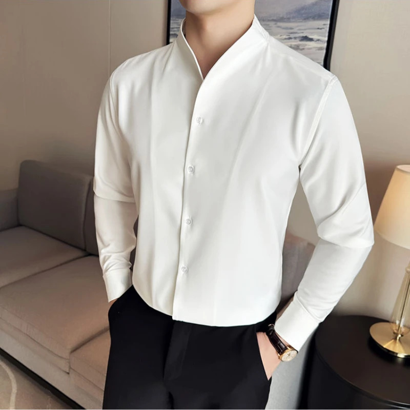 Sexy V-neck Shirt Mens Long Sleeved Casual Shirts Collarless Seamless Business Dress Shirt Social Party Tuxedo Blouse M-4XL 240808