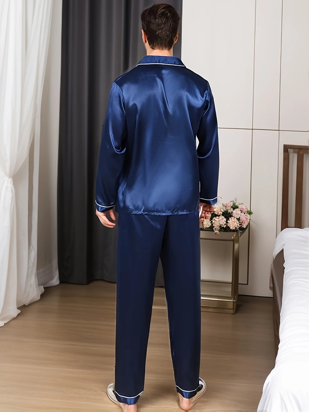 Solid Color Silk Pajamas For Men Long Sleeves Pijama Big size Lounge Male Home Night Wear Suit Satin Pyjama Mens Pajama Sets 240808