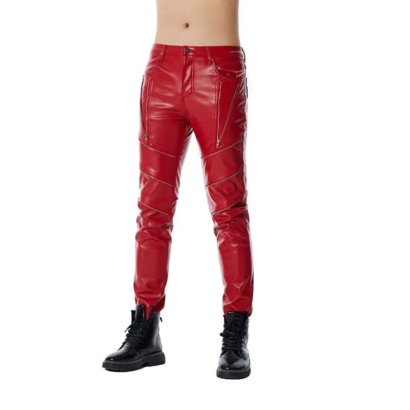 Mens red personal casual zipper PU stitched leather pants 240808