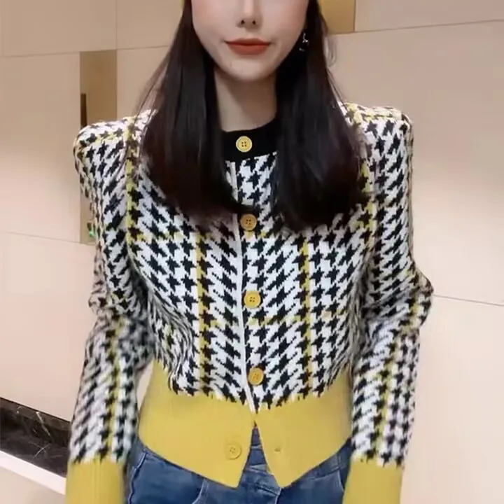 European Goods Colored Thousand Birds Knit Cardigan Women Autumn And Winter Round Neck Fashion Retro Short Sweater Tops 240809