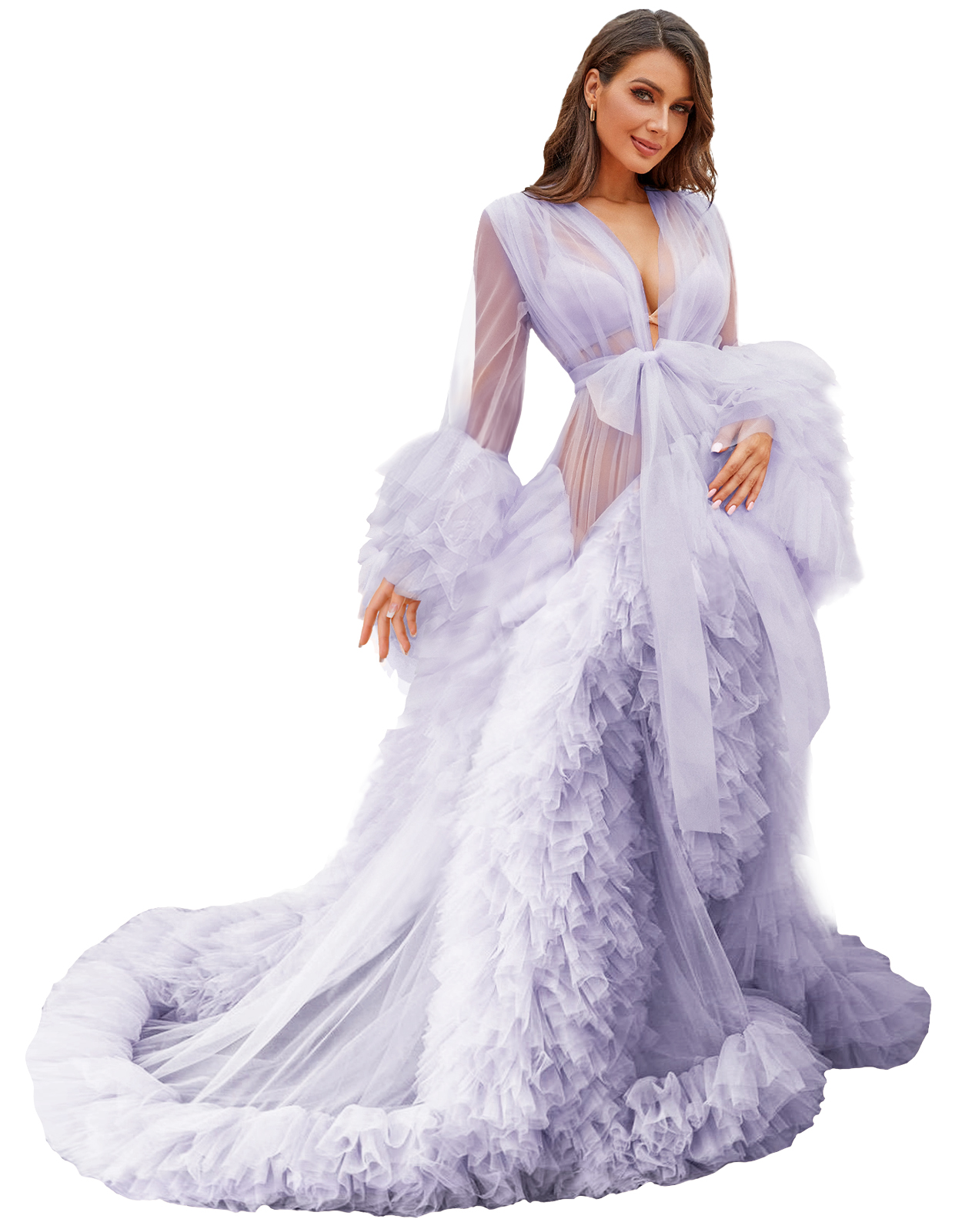 Sexy Women Bridal Robe Illusion Tulle Long Wedding Dressing Gown Maternity Bathrobe Sleepwear Pregnancy Photo Shoot Dresses
