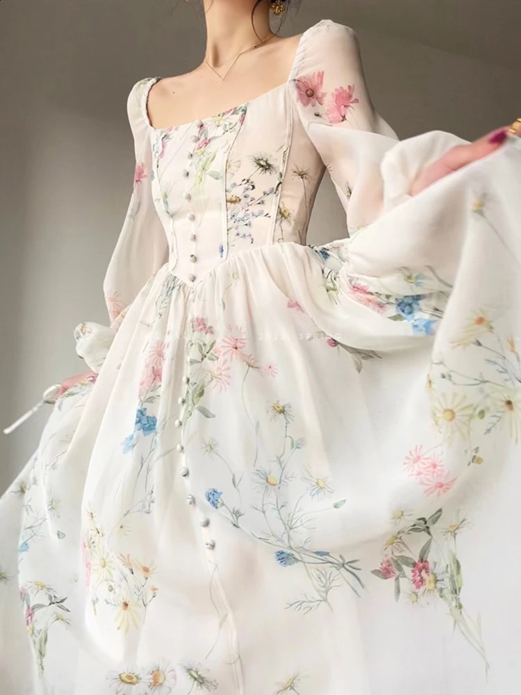 French Vinatge Evening Party Long Dresses for Women Floral A-line Princess Dress Lantern Sleeve Spring Summer Prom Robe Vestidos 240809