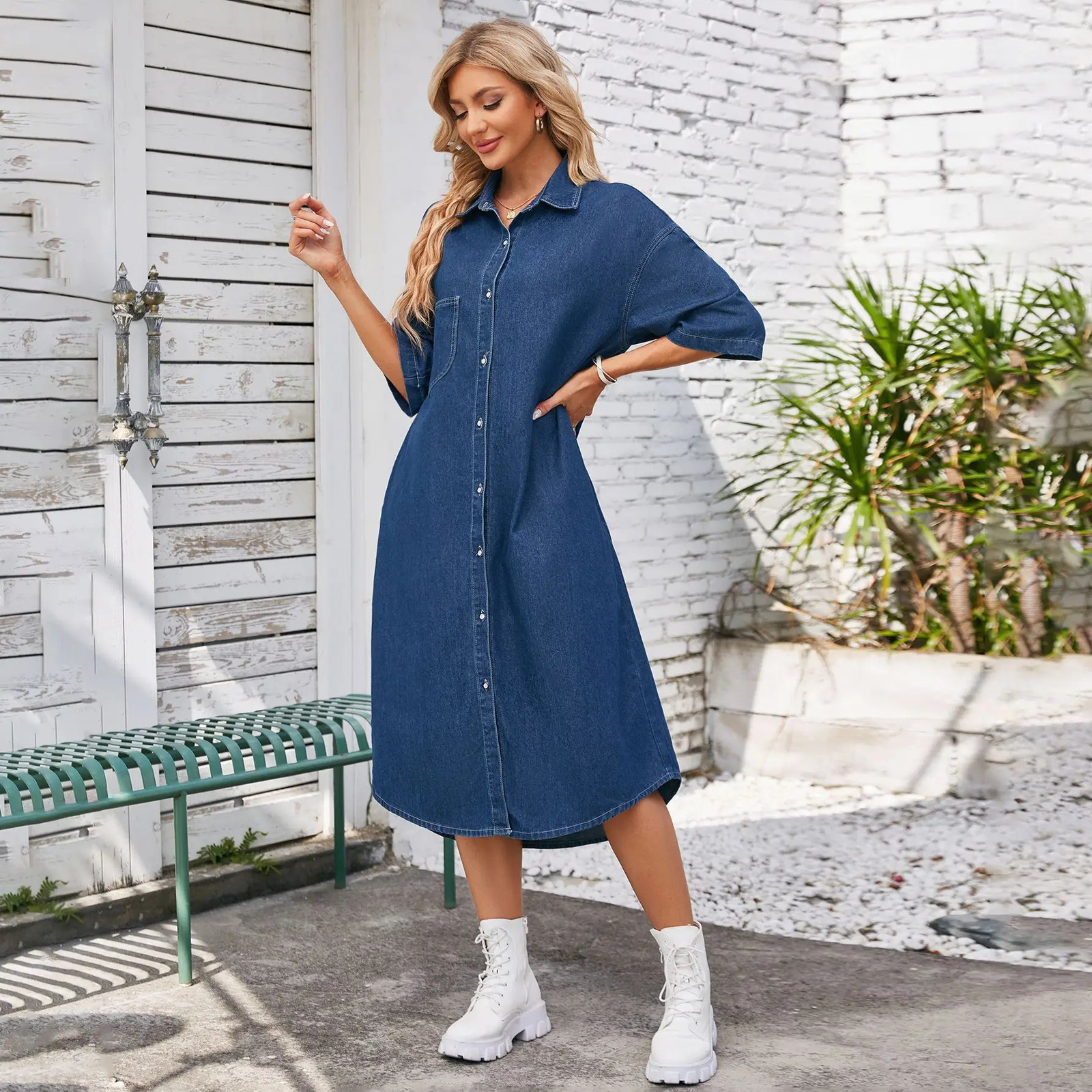 Casual Denim Shirt Dress Womens Button Retro Elegant Washed Dress Short Sleeved Simple Loose Long Dresses For Ladies 240808