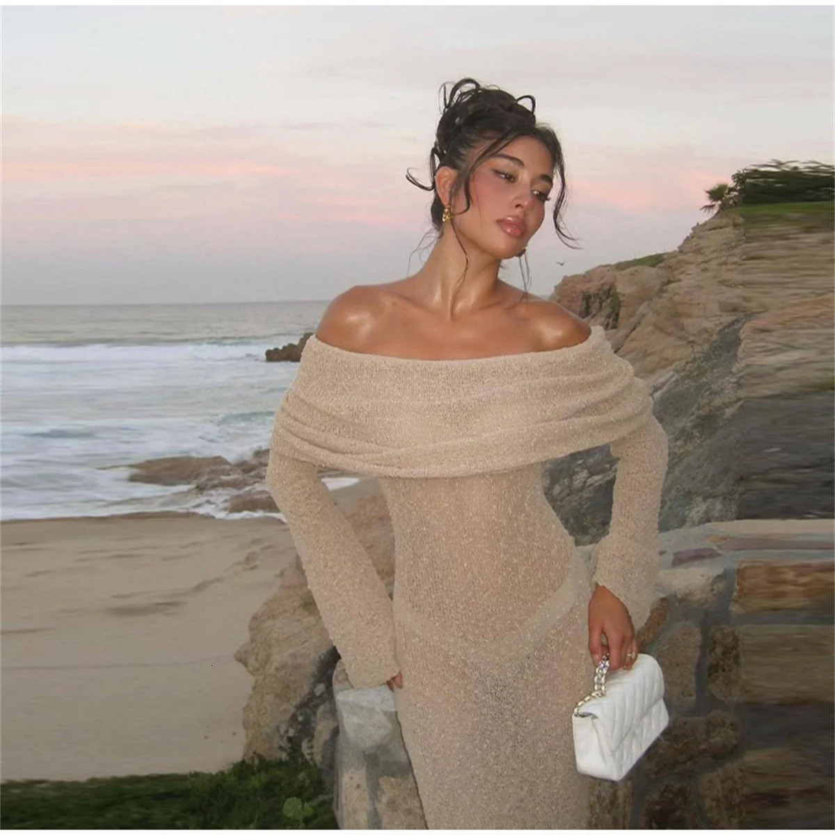 Sexy Knitted Long Dress Elegant Womens White Shoulder Body Hollow Outer Crochet Wedding Guests Beach 240809