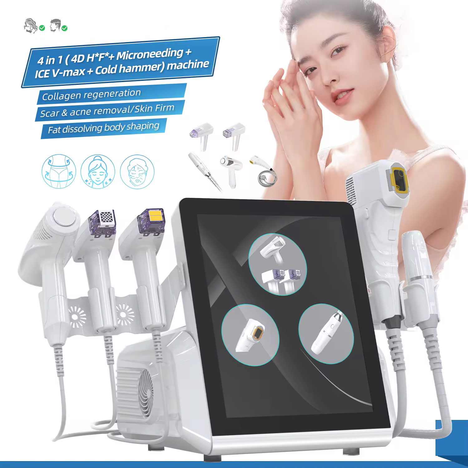 Newest 4 in 1 Ice HIFU Radar V-max Skin Tightening Face Contouring Single Point Multi-row 12 Lines Skin Rejuvenation Slimming RF Microneedle + Ice Ham