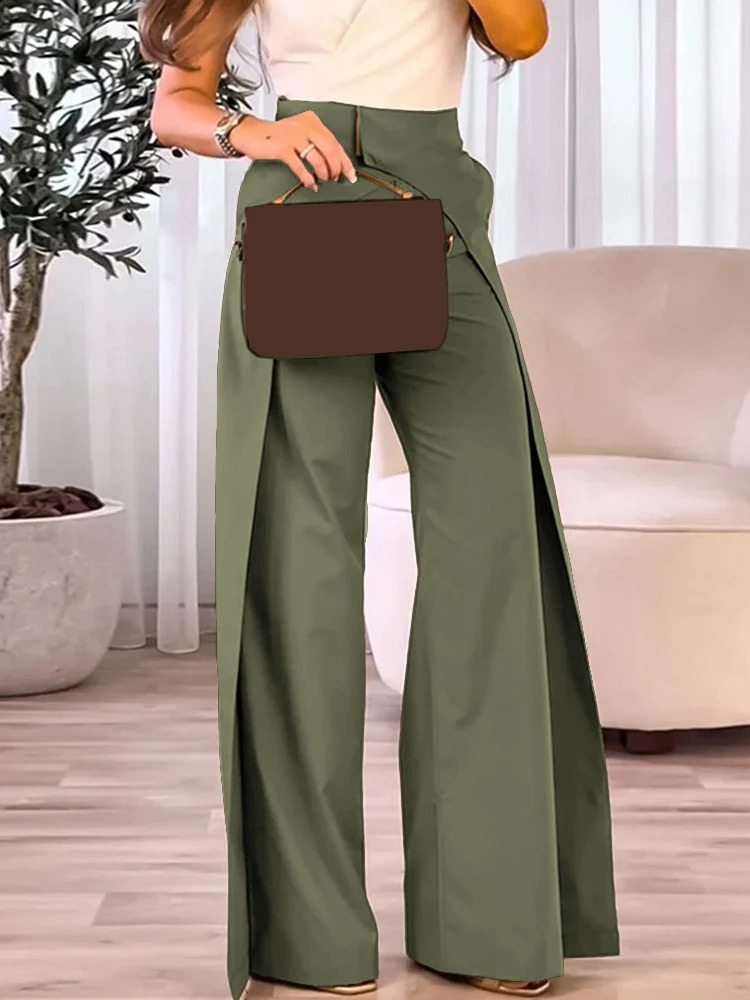 Womens Pants Fashion Womens Casual Bottom High Waist Overlap Asymmetrical Wide Leg Pants Elegant Solid Female Trouser 240809
