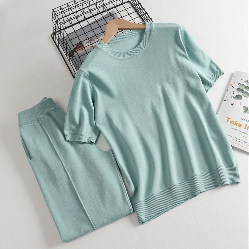 GIGOGOU Spring Summer Women pant Tracksuits Fashion Knitted OverSized T shirt Set Ladies Casual Two piece T-shirt Pant Suits 240813
