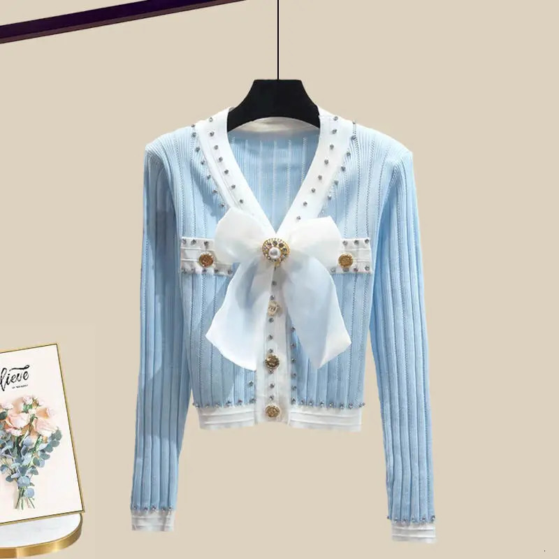 Spring/Summer Set Womens Korean Fashion Bow Sweater Age Reducing Half Skirt Elegant Womens Two Piece Set 240809