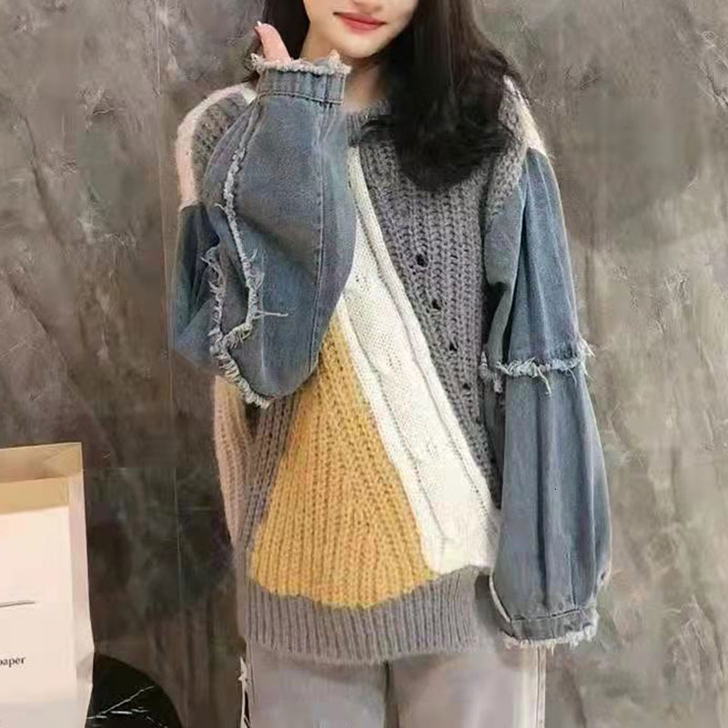 loose denim coarse needle spliced knitted sweater jacket for spring and autumn winter new women's top pullover Korean version dongdumaoyi
