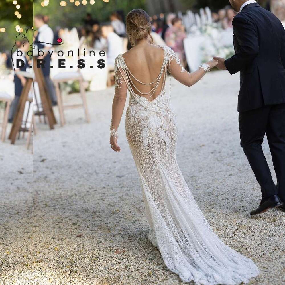 Wedding BABYON Dress Sparking Wers Lace V Neck Appliques Sexy Illusion Long Sleeve Back Hang Pearls Chains Mermaid Gown